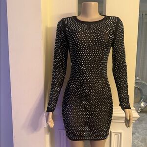 Hot & Delicious Black and Silver Sheer Studded Long Sleeve Dress